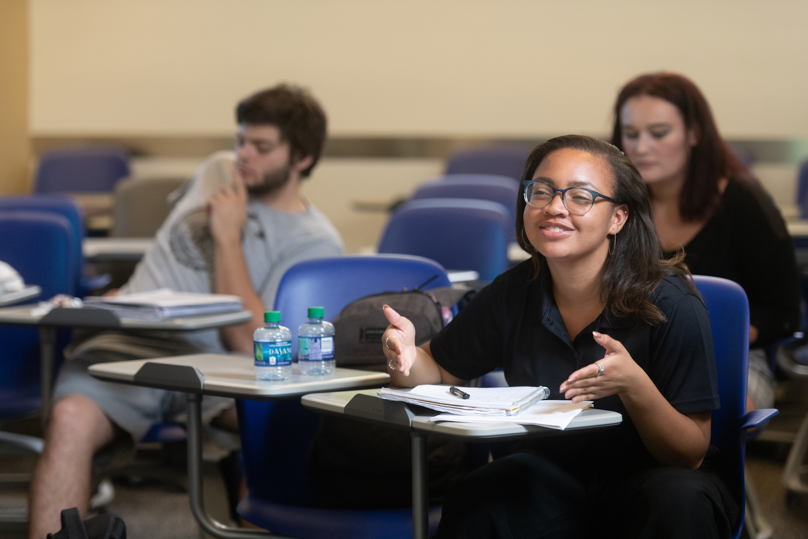 Student Kayla M. Collins in a class on happiness