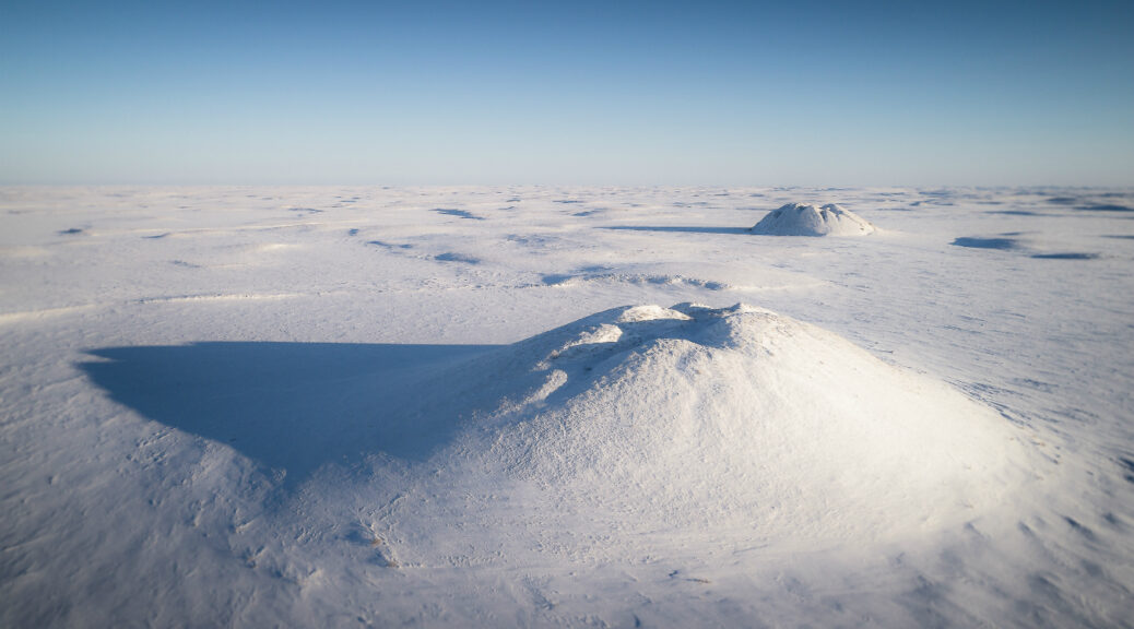 A representative photo of ice-cored pingos, emerging from the permafrost and dotting the arctic landscape near Tuktoyaktuk, in the Northwest Territories of Canada. Credit: Matt Jacques, Monte Cristo Magazine