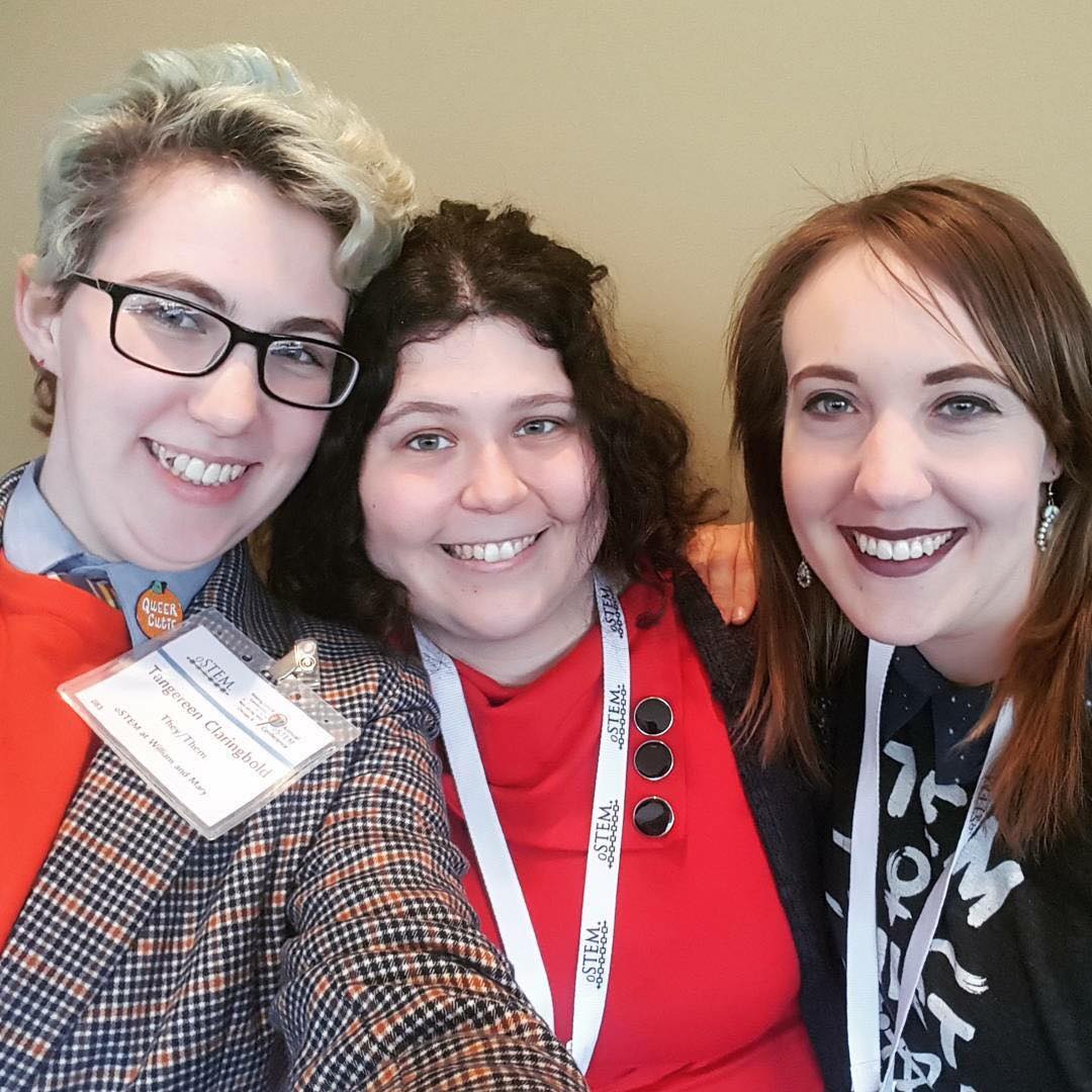 Left to right: Tangereen Claringbold (they/them), Physics Ph.D. student at College of William and Mary, Andrea Welsh (she/her), and Samantha Burtwistle (she/her), MS physics 2017 GT School of Physics.