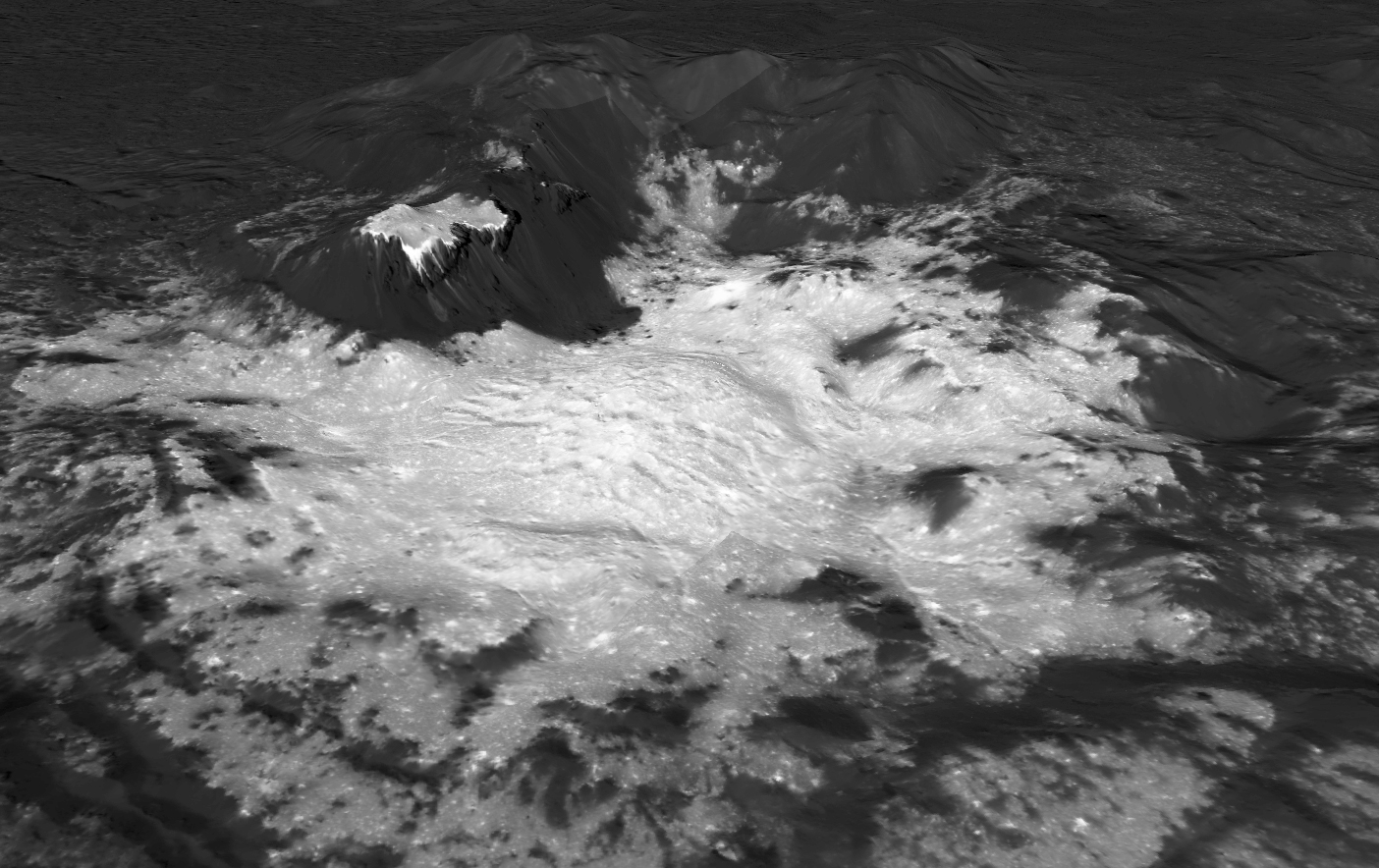 Topographic perspective views of the central dome Ceralia Facula in Ceres’ Occator crater (fig 1a, Schmidt et al 2020). Ceralia Facula and other hills and mounds on Ceres are reminiscent of Earth's pingos. Credit: Kynan Hughson/Georgia Tech/NASA/MPS/DLR
