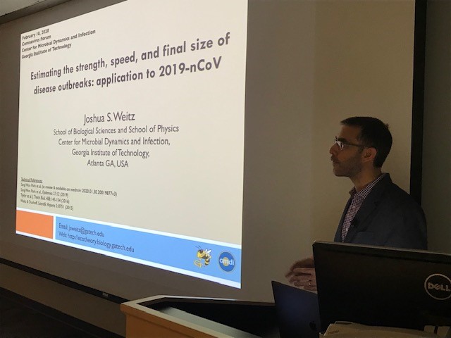 School of Biological Sciences Professor Joshua Weitz gives his presentation during a Coronavirus Forum Monday at Georgia Tech. (Photo by Renay San Miguel)