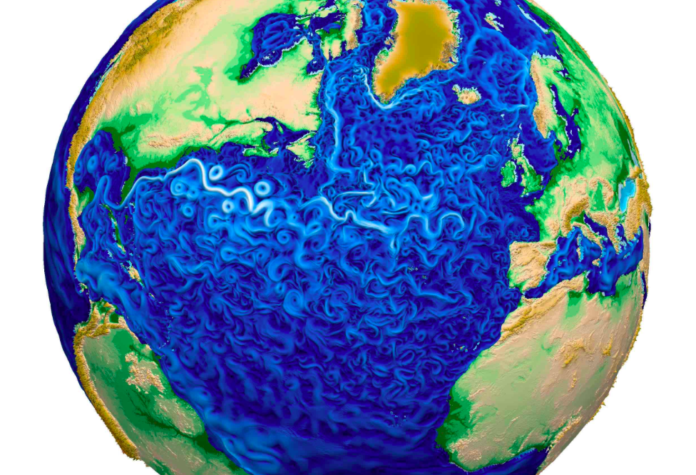 A graphic showing ocean circulation developed from MPAS (Model for Prediction Across Scales) components for oceans, sea ice, and land ice. (Graphic courtesy E3SM.org.) 