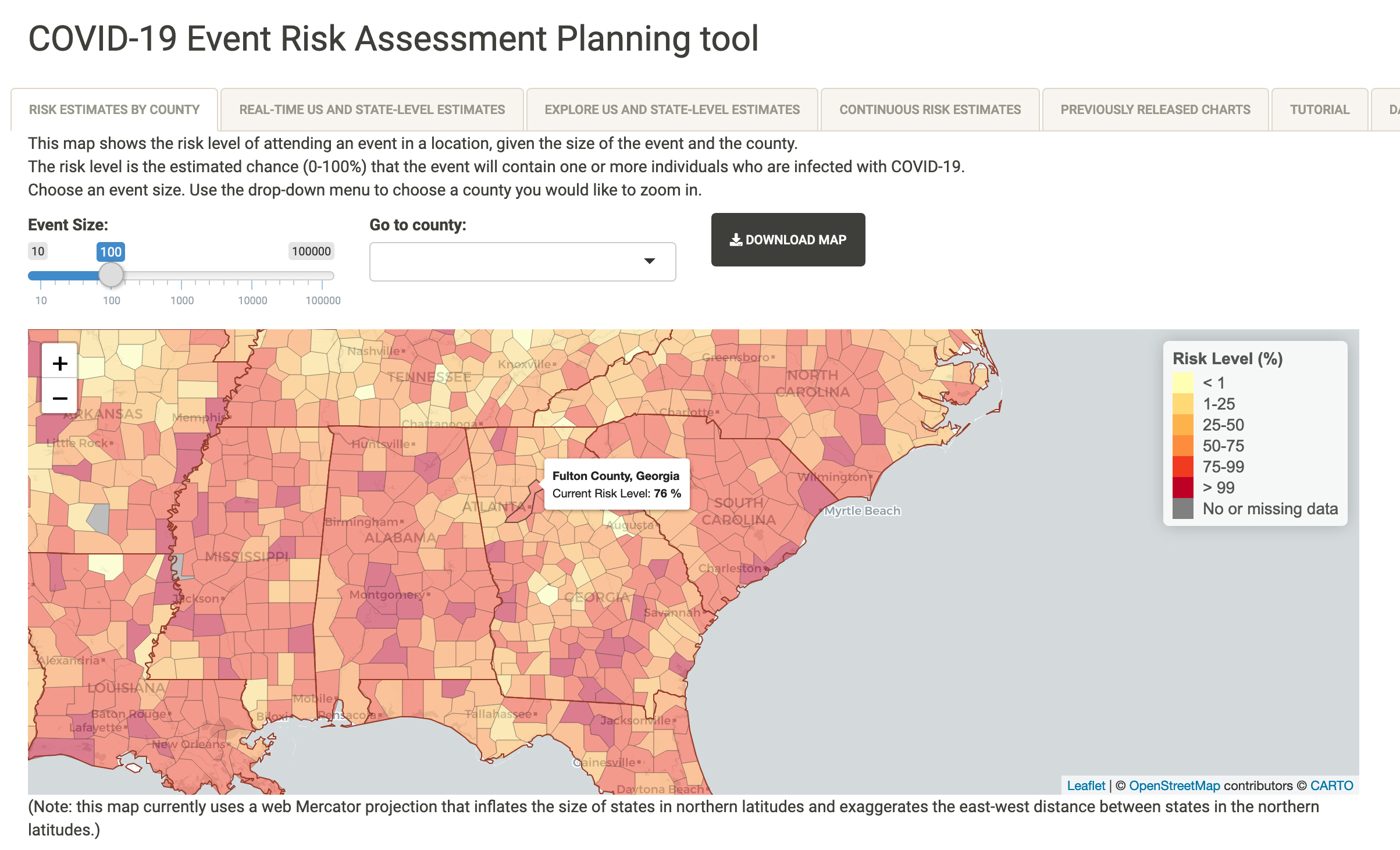  For an event with 100 attendees in Fulton County on July 6, the estimated risk of someone in attendance being actively infected with Coronavirus is 76 percent. For 1,000 attendees, the estimated risk across most Georgia counties exceeds 99 percent.