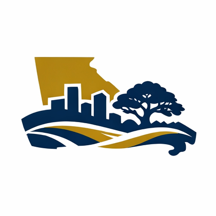 Georgia state silhouette with city skyline, landscape, and flowing water, representing research partnerships supporting environmental and community resilience.