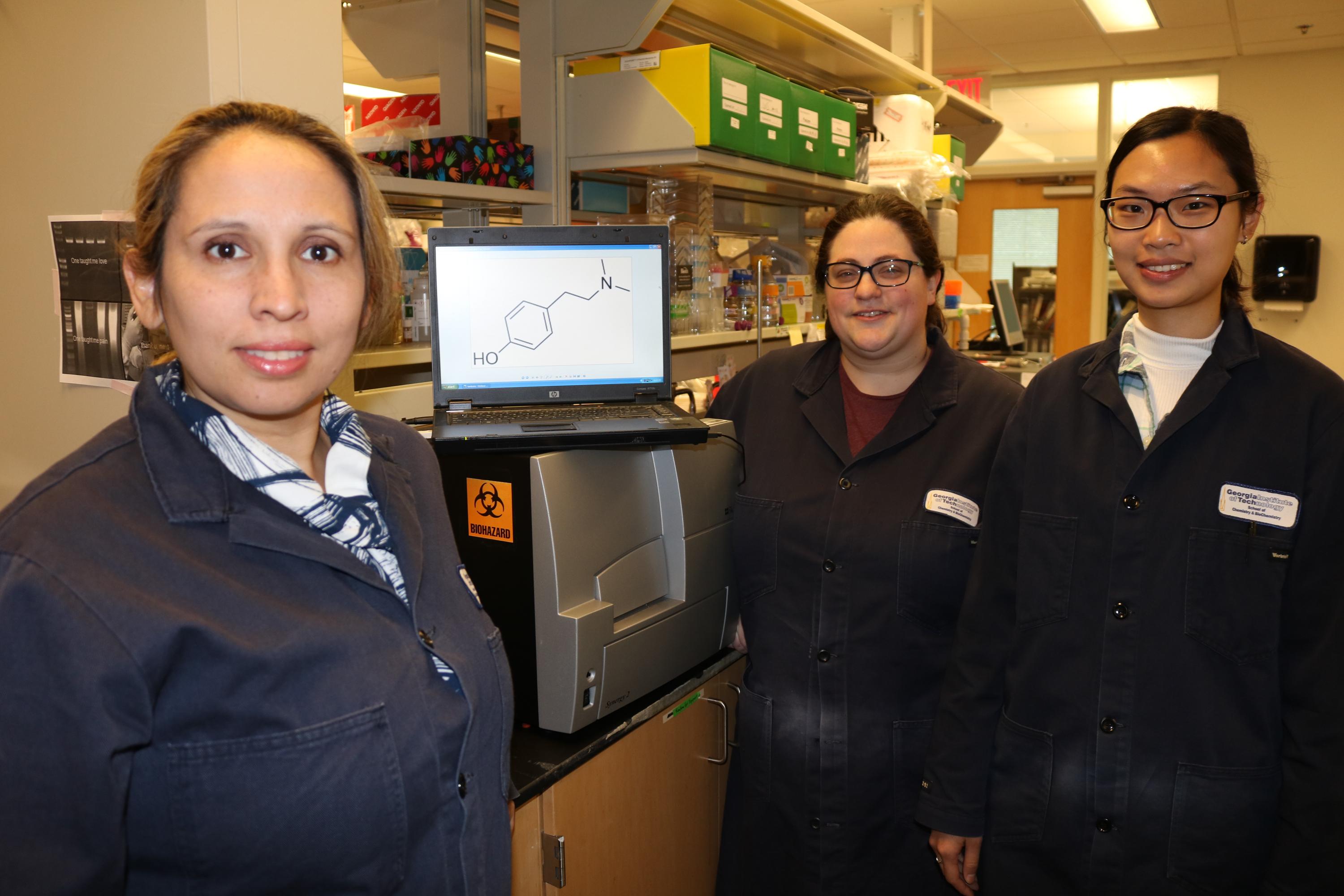 Pamela Peralta-Yahya with Ph.D. student Emily Yasi and research associate Widianti Sugianto (Photo by Renay San Miguel)