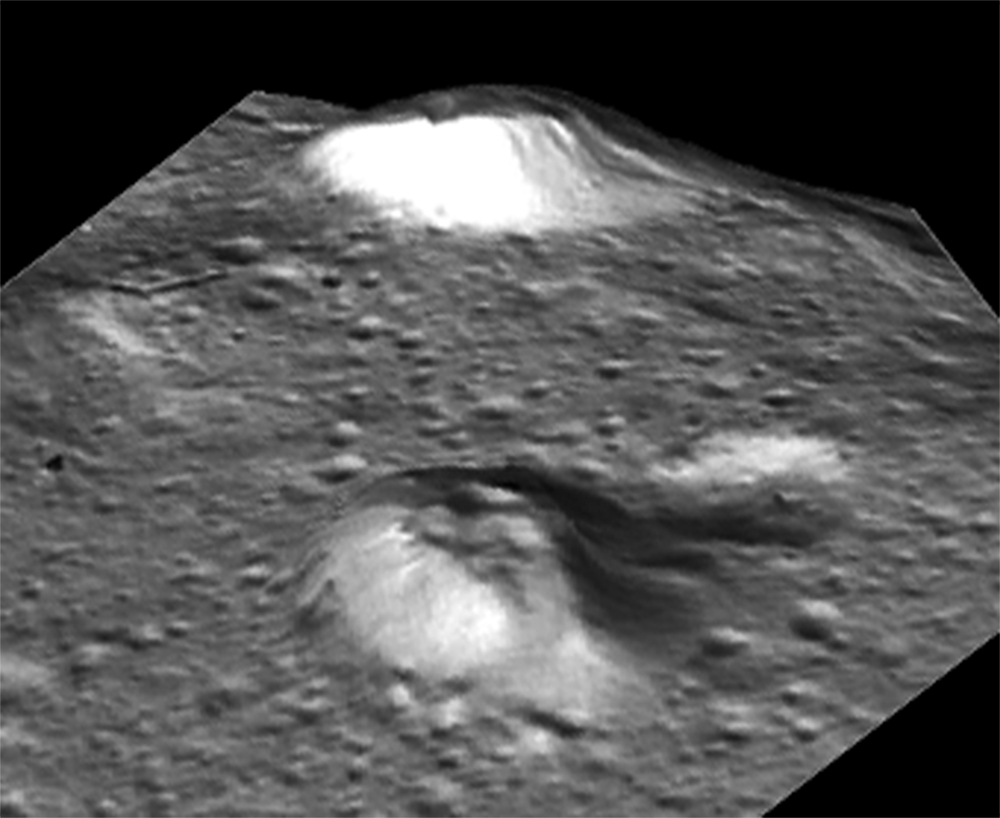 Perspective views of two pingo candidates in Cere's Occator crater, shown as Figure 4 in a new paper in Nature Geoscience by Schmidt et al. Credit: Kynan Hughson/Georgia Tech/NASA/MPS/DLR