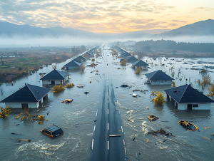 Post-hurricane flooding inundates residential areas and transportation infrastructure, with low-lying terrain overwhelmed by storm surge and excessive rainfall. Post-hurricane flooding inundates residential areas and transportation infrastructure, with low-lying terrain overwhelmed by storm surge and excessive rainfall.